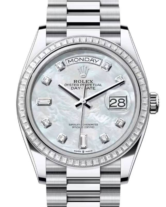 Rolex Day-Date 36 36 mm 128396TBRMOPDP Platinum/Diamonds White Mother of Pearl