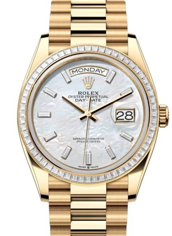 Rolex Day-Date 36 36 mm 128398TBRWMOPBDP Yellow Gold/Diamonds White Mother of Pearl