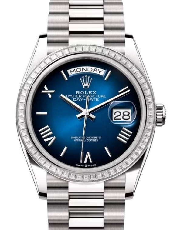 Rolex Day-Date 36 36 mm 128399TBRBOSRP White Gold/Diamonds Blue