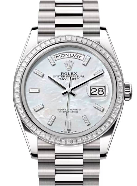 Rolex Day-Date 36 36 mm 128399TBRWMOPBDP White Gold/Diamonds White Mother of Pearl