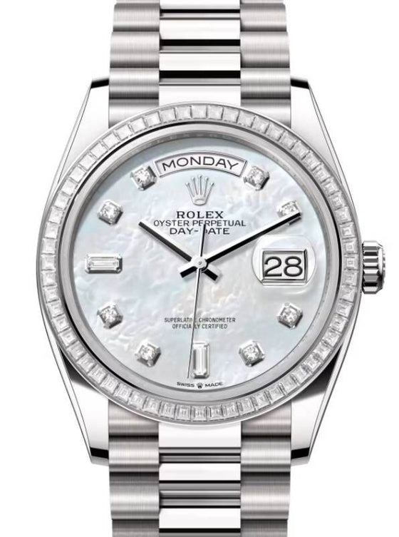 Rolex Day-Date 36 36 mm 128399TBRWMOPDP White Gold/Diamonds White Mother of Pearl