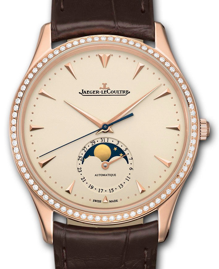 Jaeger-LeCoultre Calibre 925/1 Master Ultra Thin Moon 1362501 Eggshell Beige Index Diamond Bezel Rose Gold Leather 39mm Automatic BRAND NEW