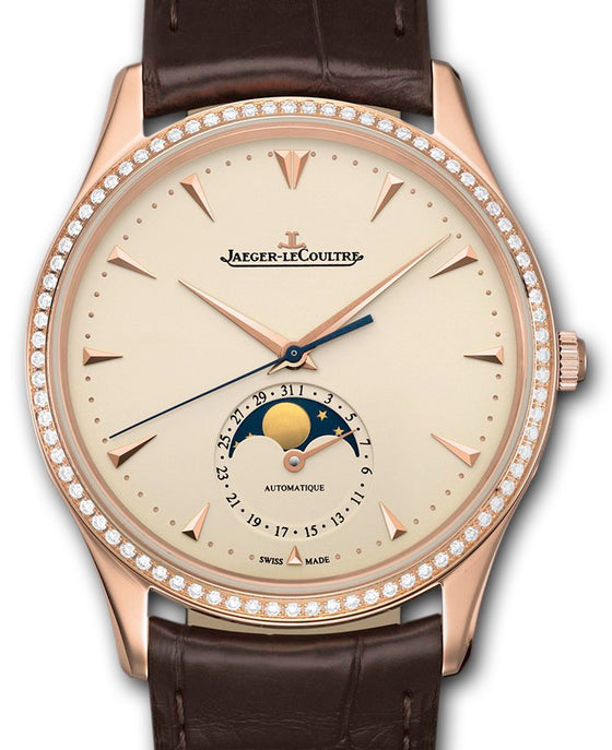Jaeger-LeCoultre Calibre 925/1 Master Ultra Thin Moon 1362501 Eggshell Beige Index Diamond Bezel Rose Gold Leather 39mm Automatic BRAND NEW