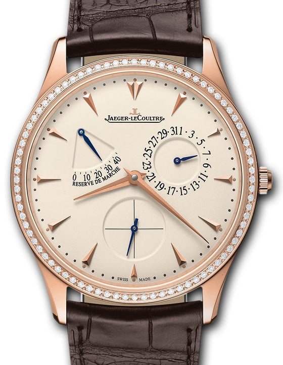 Jaeger-LeCoultre Calibre 938 Master Ultra Thin Reserve de Marche 1372501 Eggshell Beige Index Diamond Bezel Rose Gold Leather 39mm Automatic - BRAND NEW
