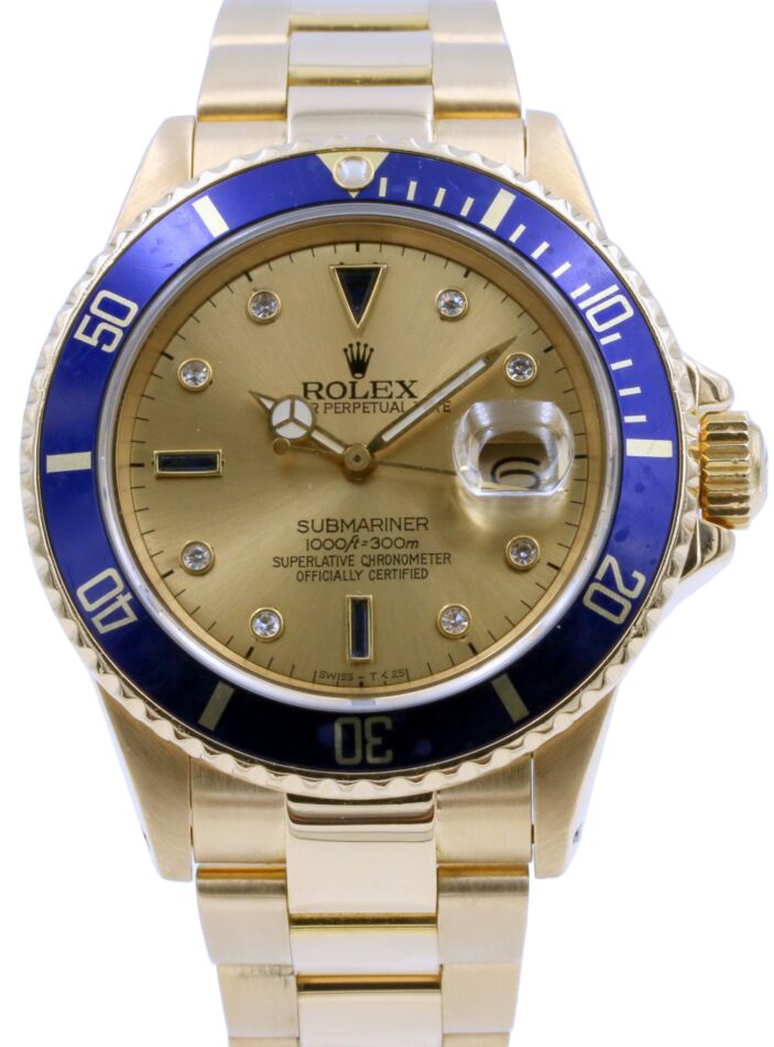 Rolex Submariner 40 mm 16808 serti blue-3 Yellow Gold Champagne