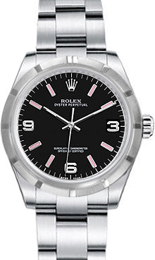 Rolex Oyster Perpetual 31 Ladies Midsize 177210-BLKPSAO 31mm Black Pink Arabic Engine-Turned Bezel?Stainless Steel - BRAND NEW