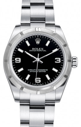 Rolex Oyster Perpetual 31 Ladies Midsize 177210-BLKSAO 31mm Black Arabic Engine-Turned Bezel?Stainless Steel - BRAND NEW