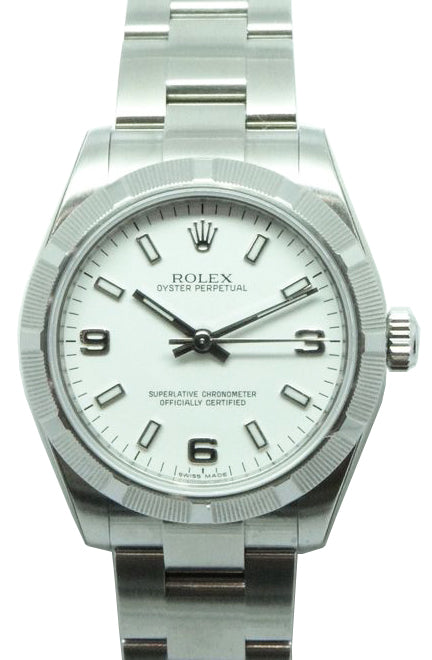 Rolex Oyster Perpetual 31 Ladies Midsize 177210-WHTATO 31mm White Arabic Engine-Turned Bezel?Stainless Steel - BRAND NEW