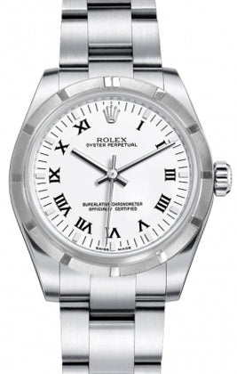 Rolex Oyster Perpetual 31 Ladies Midsize 177210-WHTRO 31mm White Roman Engine-Turned Bezel?Stainless Steel - BRAND NEW