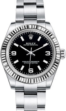 Rolex Oyster Perpetual 31 Ladies Midsize 177234-BLKSAO 31mm Black Arabic Fluted White Gold Stainless Steel BRAND NEW