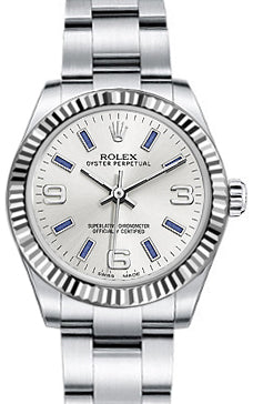 Rolex Oyster Perpetual 31 Ladies Midsize 177234-SLVBSO 31mm Silver Blue Arabic Fluted White Gold Stainless Steel BRAND NEW