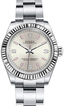 Rolex Oyster Perpetual 31 Ladies Midsize 177234-SLVPSAO 31mm Silver Pink Arabic Fluted White Gold Stainless Steel BRAND NEW