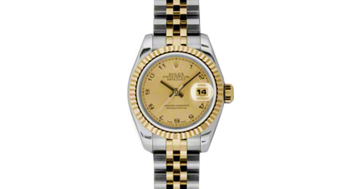 Rolex Lady-Datejust 26 179173-CHPCAJ Champagne Concentric Circle Arabic Fluted Yellow Gold Stainless Steel Jubilee