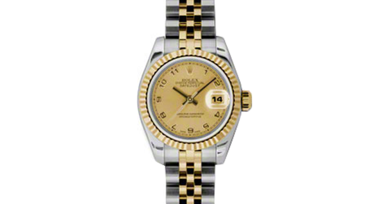 Rolex Lady-Datejust 26 179173-CHPCAJ Champagne Concentric Circle Arabic Fluted Yellow Gold Stainless Steel Jubilee