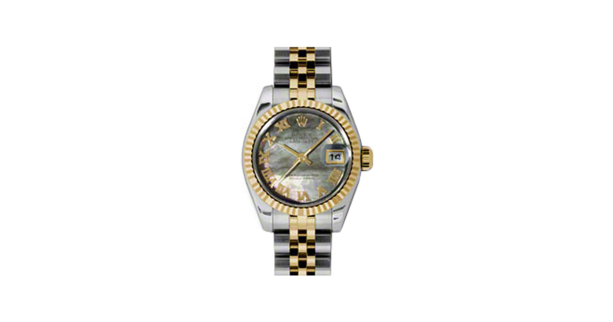 Rolex Lady-Datejust 26 179173-DMOPRJ Dark Mother of Pearl Roman Fluted Yellow Gold Stainless Steel Jubilee