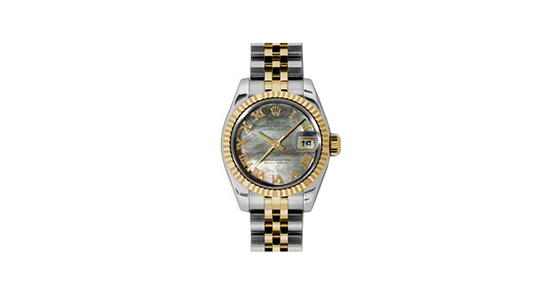 Rolex Lady-Datejust 26 179173-DMOPRJ Dark Mother of Pearl Roman Fluted Yellow Gold Stainless Steel Jubilee