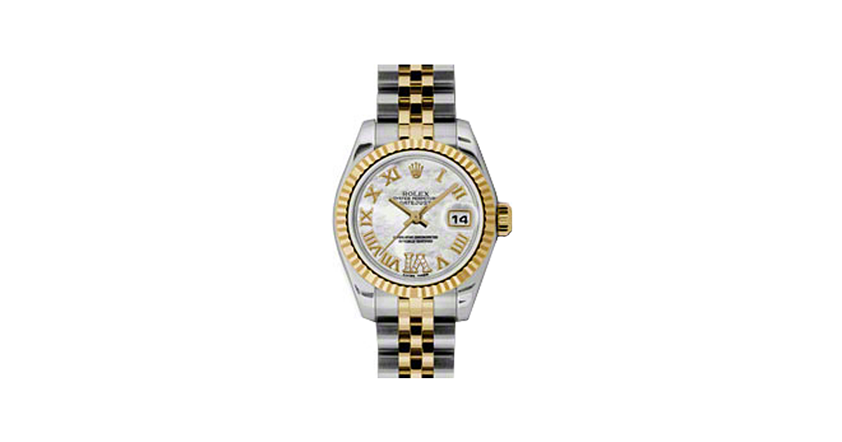 Rolex Lady-Datejust 26 179173-MOPRDRJ White Mother of Pearl Roman Diamond VI Fluted Yellow Gold Stainless Steel Jubilee