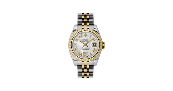Rolex Lady-Datejust 26 179173-MOPRDRJ White Mother of Pearl Roman Diamond VI Fluted Yellow Gold Stainless Steel Jubilee