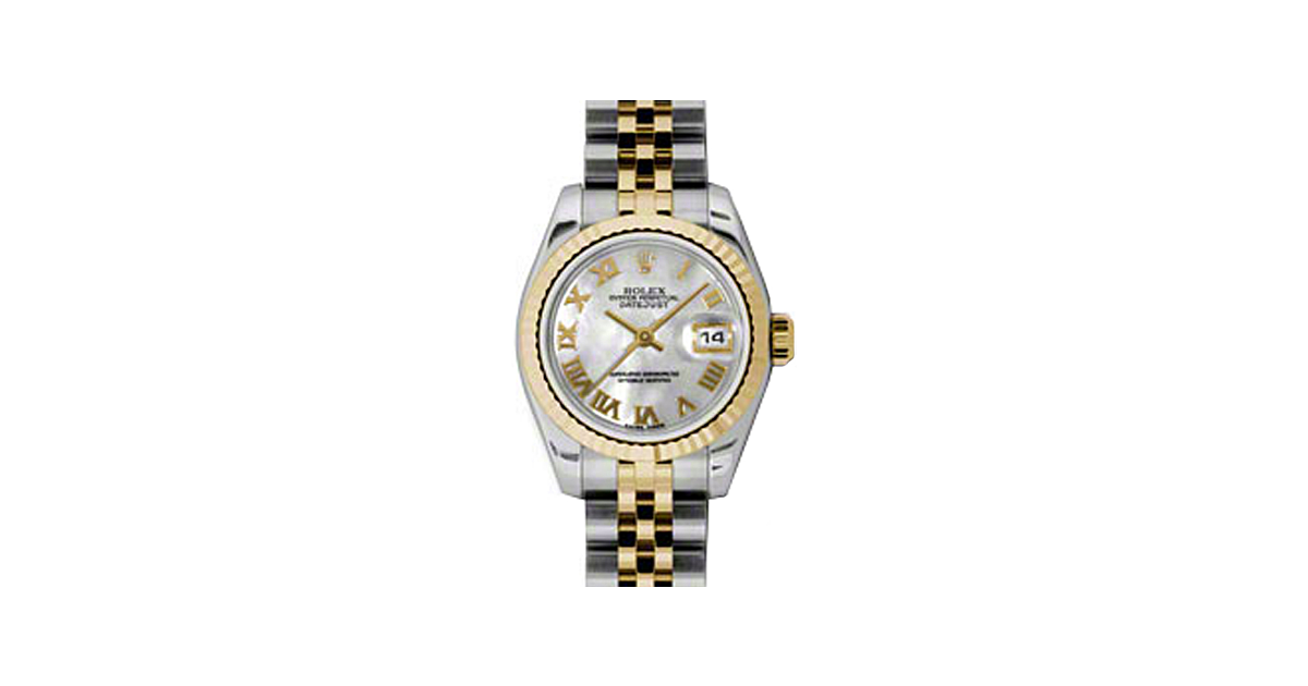 Rolex Lady-Datejust 26 179173-MOPRJ White Mother of Pearl Roman Fluted Yellow Gold Stainless Steel Jubilee