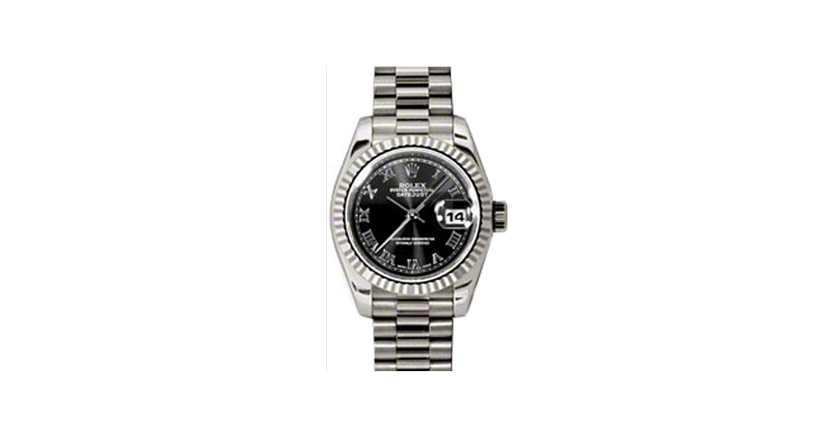 Rolex Lady-Datejust 26 179179-BLKRP Black Roman Fluted White Gold President - BRAND NEW