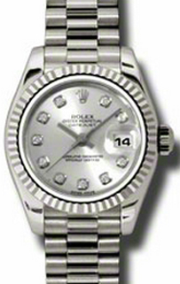 Rolex Lady-Datejust 26 179179-SLVDFP Silver Diamond Fluted White Gold President - BRAND NEW