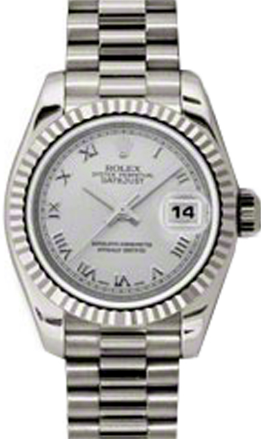 Rolex Lady-Datejust 26 179179-SLVRP Silver Roman Fluted White Gold President - BRAND NEW