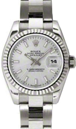 Rolex Lady-Datejust 26 179179-SLVSO Silver Index Fluted White Gold Oyster - BRAND NEW