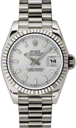 Rolex Lady-Datejust 26 179179-SLVSP Silver Index Fluted White Gold President - BRAND NEW