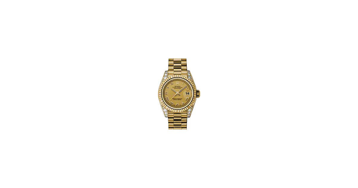 Rolex Lady-Datejust 26 179238-CHPRP Champagne Roman Diamond Set Fluted Yellow Gold President - BRAND NEW