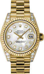 Rolex Lady-Datejust 26 179238-MOPDP White Mother of Pearl Diamond Dial Diamond Set Fluted Yellow Gold President - BRAND NEW