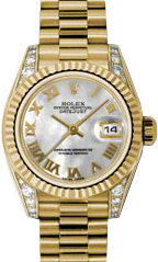 Rolex Lady-Datejust 26 179238-MOPRP White Mother of Pearl Roman Diamond Set Fluted Yellow Gold President - BRAND NEW
