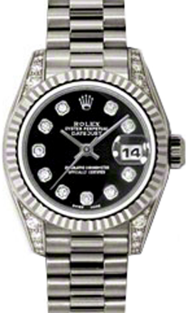 Rolex Lady-Datejust 26 179239-BLKDP Black Diamond Dial Diamond Set Fluted White Gold President - BRAND NEW