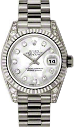 Rolex Lady-Datejust 26 179239-MOPDP White Mother of Pearl Diamond Dial Diamond Set Fluted White Gold President - BRAND NEW