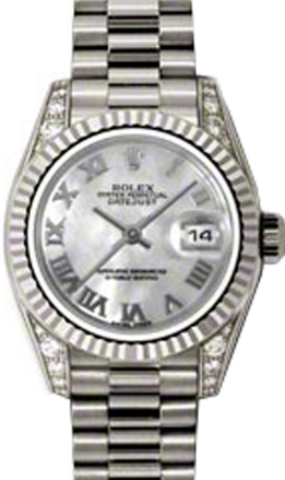Rolex Lady-Datejust 26 179239-MOPRP White Mother of Pearl Roman Diamond Set Fluted White Gold President - BRAND NEW