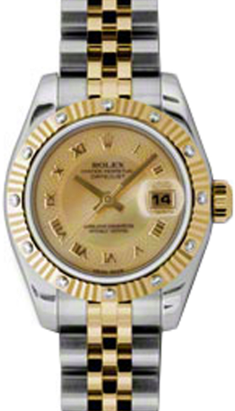 Rolex Lady-Datejust 26 179313-CHDMOPRJ Champagne Decorated Mother of Pearl Roman Fluted Diamond Yellow Gold Stainless Steel Jubilee - BRAND NEW