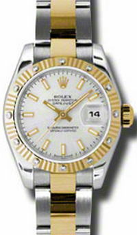 Rolex Lady-Datejust 26 179313-SLVSDO Silver Index Fluted Diamond Yellow Gold Stainless Steel Oyster