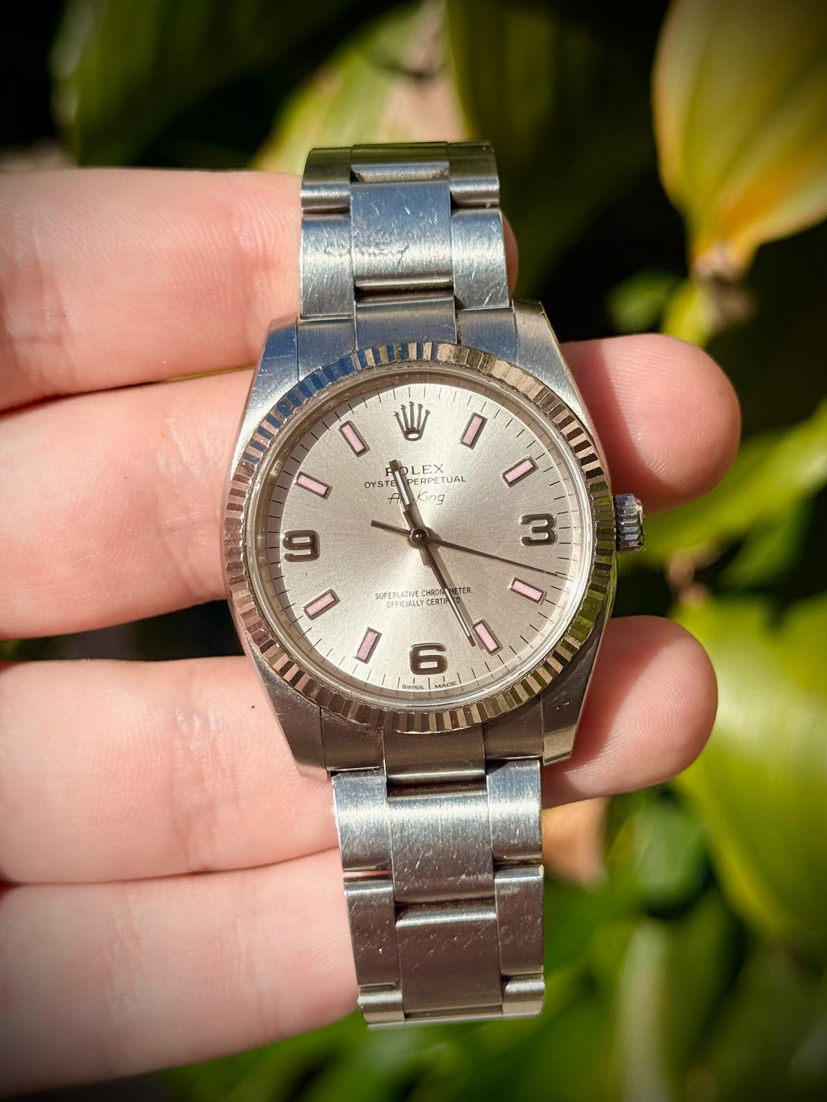 Rolex Air-King 114234 34mm Stainless Steel Pink Dial White Gold Fluted Bezel Oyster Bracelet