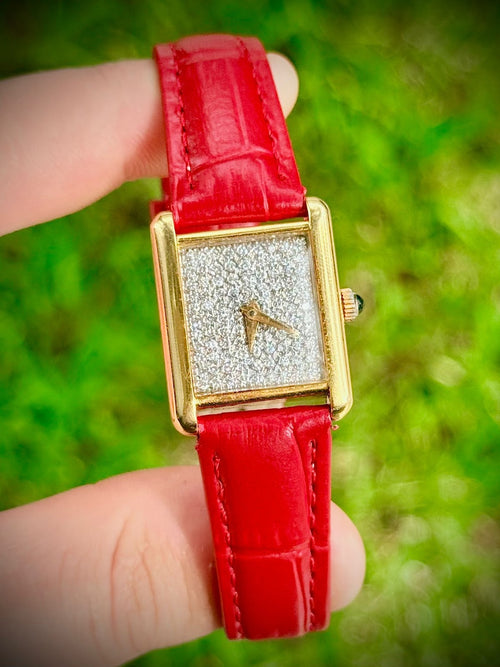 Bueche Girod Tank Style Solid 18kt Gold Natural Diamond Face Swiss Vintage Watch