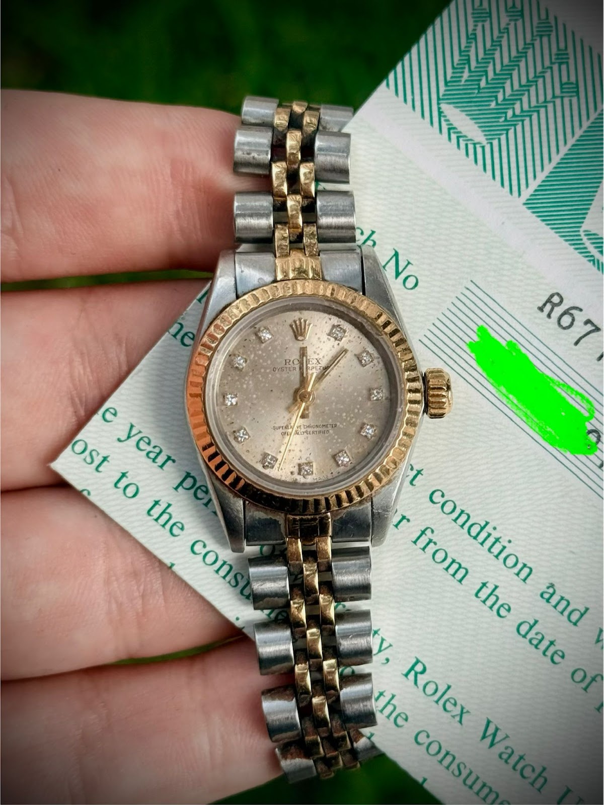 Rolex Oyster Perpetual 67193 24mm Two Tone Steel Gold Factory Diamond Dial Jubilee Bracelet Fluted Bezel