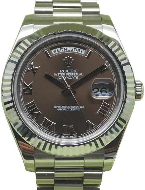 Rolex Day-Date II 218239-BRNRFP 41mm Chocolate Roman Fluted White Gold President - BRAND NEW