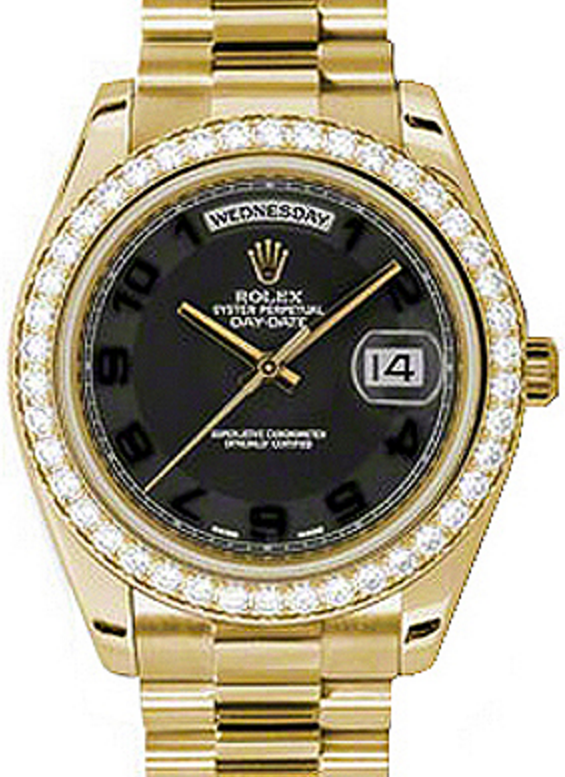 Rolex Day-Date II 218348-BLCADP 41mm Black Arabic Concentric Circle Diamond Bezel Yellow Gold President - BRAND NEW
