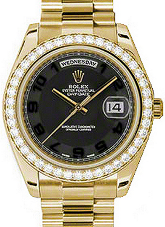 Rolex Day-Date II 218348-BLCADP 41mm Black Arabic Concentric Circle Diamond Bezel Yellow Gold President - BRAND NEW