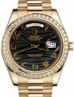 Rolex Day-Date II 218348-BLKADP 41mm Black Arabic Wave Dial Diamond Bezel Yellow Gold President - BRAND NEW