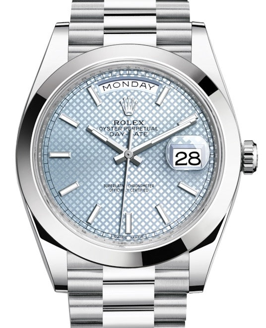 Rolex Day-Date 40 228206-BLUSP Ice Blue Diagonal Motif Index Platinum President - BRAND NEW