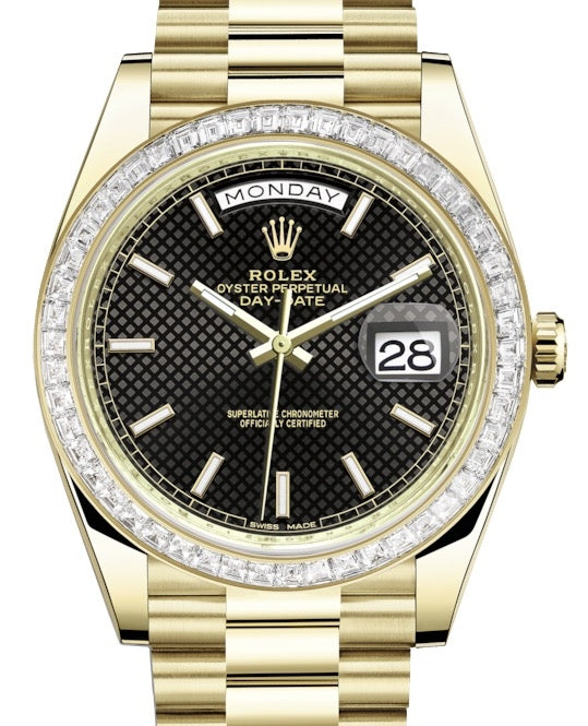 Rolex Day-Date 40 228398TBR-BLKDMSP Black Diagonal Motif Index Baguette Diamond Bezel Yellow Gold President 40mm - BRAND NEW