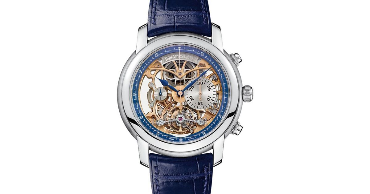 Audemars Piguet 26353PT.OO.D028CR.01 Jules Audemars Tourbillon Chronograph 43mm Blue Openworked Platinum Leather BRAND NEW