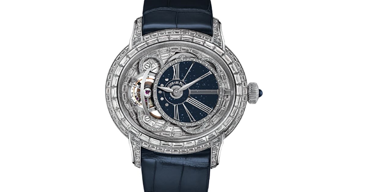 Audemars Piguet 26381BC.ZZ.D312CR.02 Millenary Tourbillon 45mm Blue Aventurine Baguette Diamond Paved Roman White Gold Leather BRAND NEW