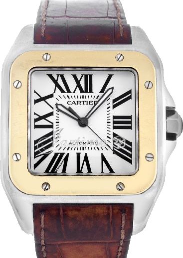 Cartier Santos 100 Yellow Gold/Steel Silver Opaline Roman Dial & Leather Strap W20072X7 - BRAND NEW