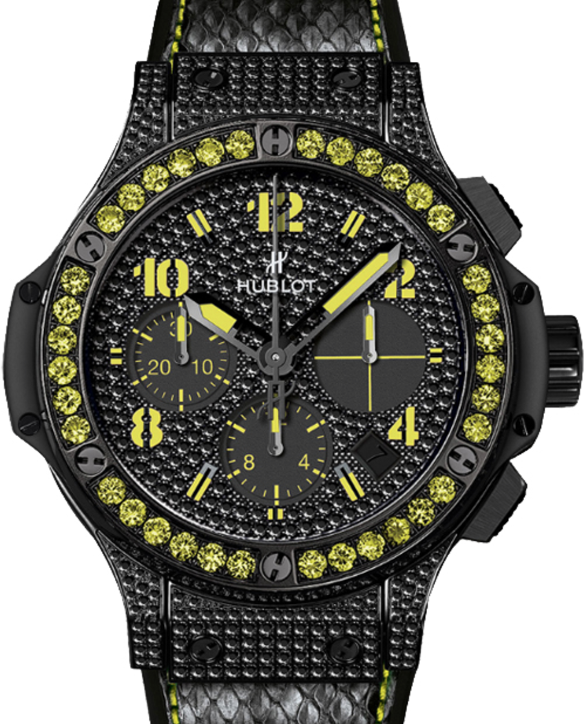 Hublot Big Bang Black Fluo 341.SV.9090.PR.0911 Black Diamond Paved Dial & Case Yellow Sapphire Bezel & PVD Stainless Steel Leather 41mm BRAND NEW