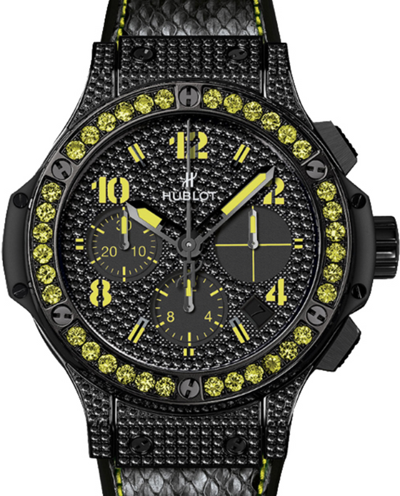 Hublot Big Bang Black Fluo 341.SV.9090.PR.0911 Black Diamond Paved Dial & Case Yellow Sapphire Bezel & PVD Stainless Steel Leather 41mm BRAND NEW